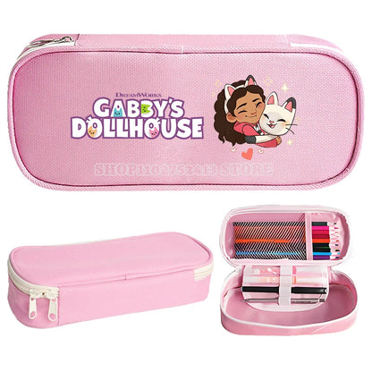 Gabby Dollhouse Kids Cartoon Large Capacity Double Layer Canvas Pencil Case Bag