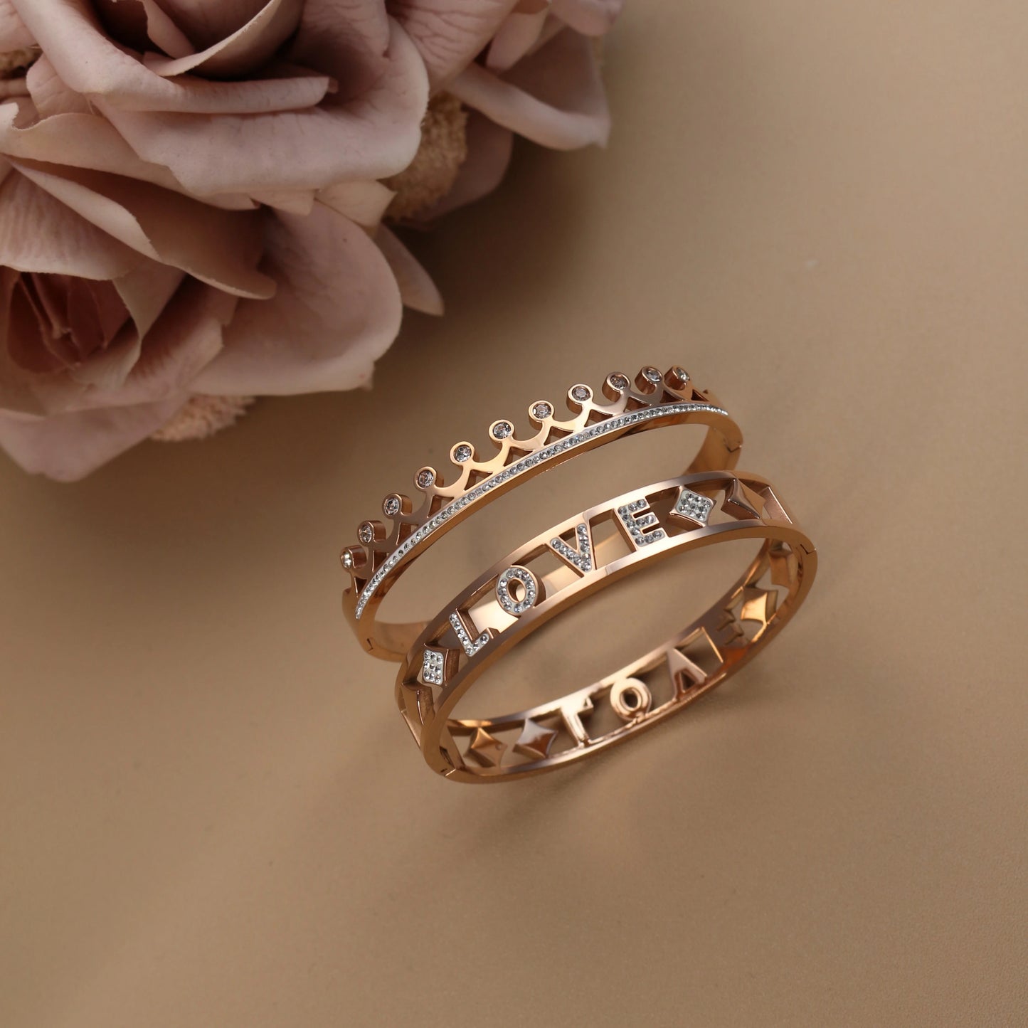Delicate Crystal Crown LOVE Stainless Steel Gold Color Cutout Design Women's Charm Bracelet