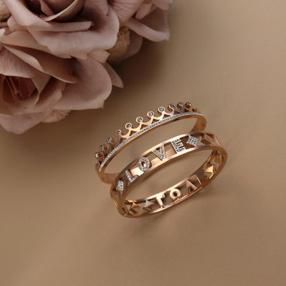 Delicate Crystal Crown LOVE Stainless Steel Gold Color Cutout Design Women's Charm Bracelet