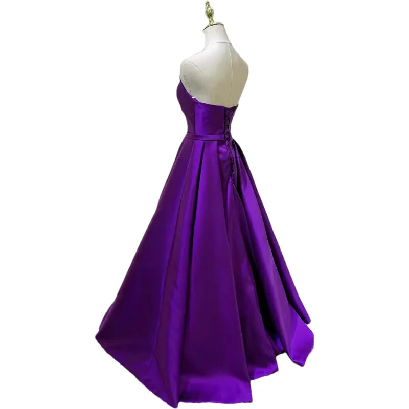 Women Strapless Simple Satin A Line Evening Party Formal Gown Corset Pleat Sweetheart Long Prom Dress w/Pocket