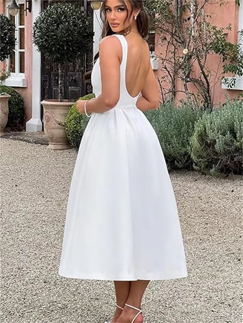 Simple Elegant O-Neck Satin Midi Prom Tea Length Backless A Line Formal Evening Party Bridal Dress w/ Pockets