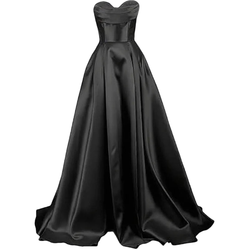 Sweetheart Strapless Pleat Satin Prom Women Long A Line Corset Formal Evening Party Dress w/ Pockets