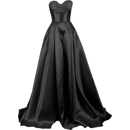 Sweetheart Strapless Pleat Satin Prom Women Long A Line Corset Formal Evening Party Dress w/ Pockets