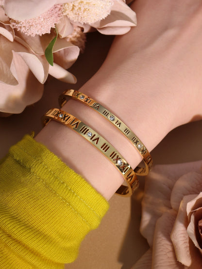 Stainless Steel 18K gold plated Roman Numeral Bracelet Bangles Ring 2-in-1 Jewelry