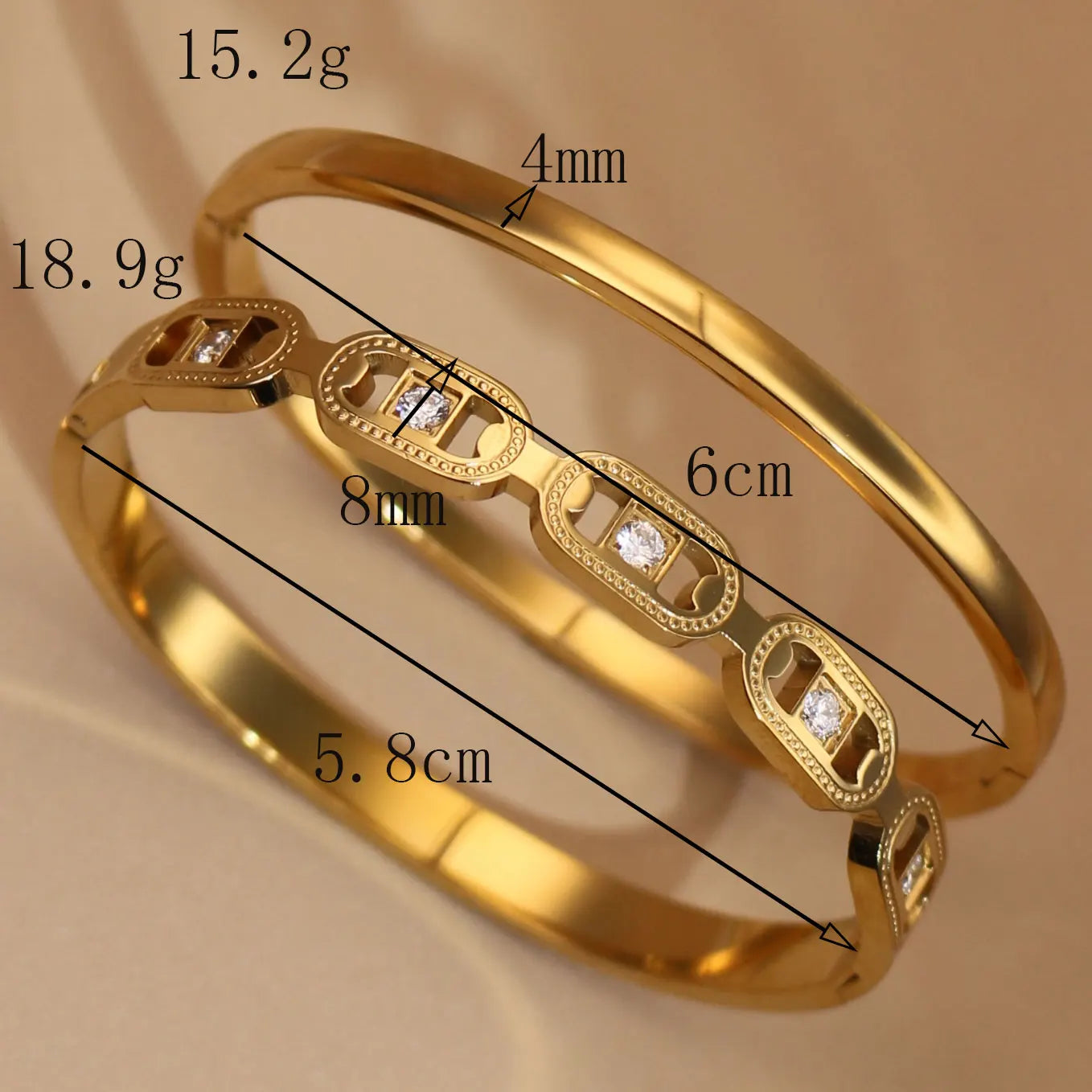 2-in-1 Geometric Zircon Design 18K Gold Plated Stainless Steel Bracelet Bangle
