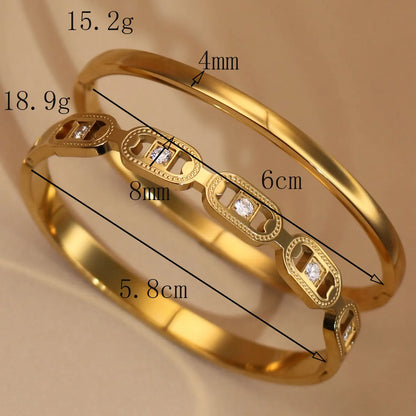 2-in-1 Geometric Zircon Design 18K Gold Plated Stainless Steel Bracelet Bangle