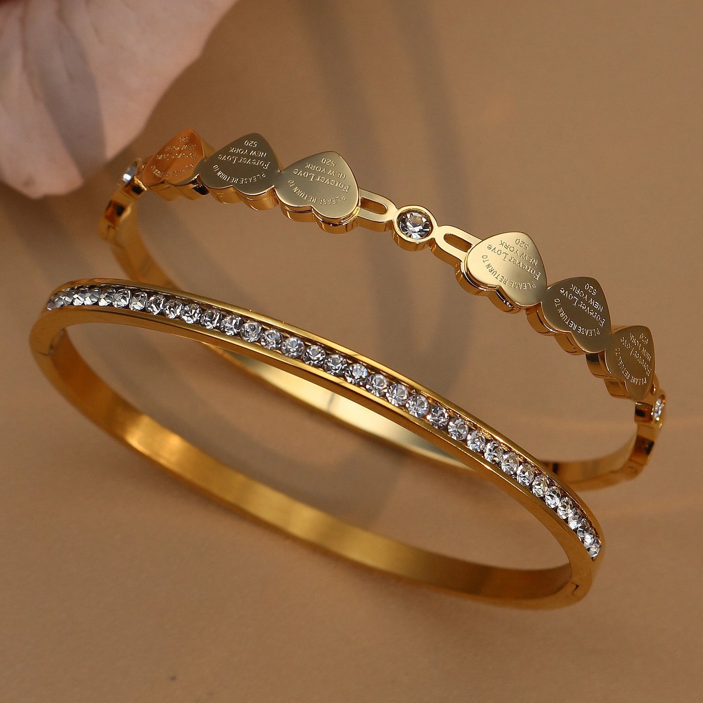 Delicate Stainless Steel Gold Color Peach Heart Crystal Design Charm Bangle Bracelet