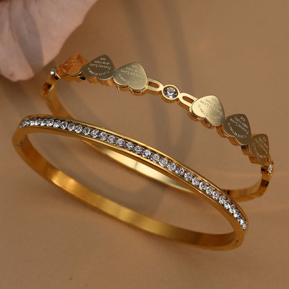 Delicate Stainless Steel Gold Color Peach Heart Crystal Design Charm Bangle Bracelet