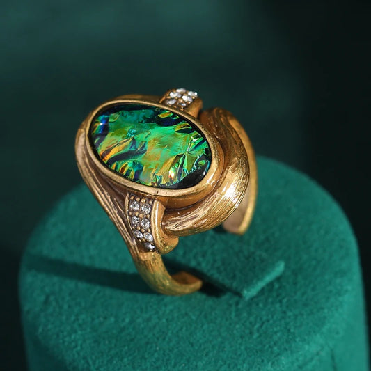 Vintage Abalone Shell Opal Oval Antique Gold Color Women Wedding Colorful Rhinestones Ring