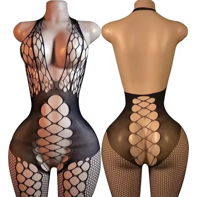 Side Cutout Sexy Fishnet Open Crotch Bodystocking See Through Nightwear Lingerie Bodysuit