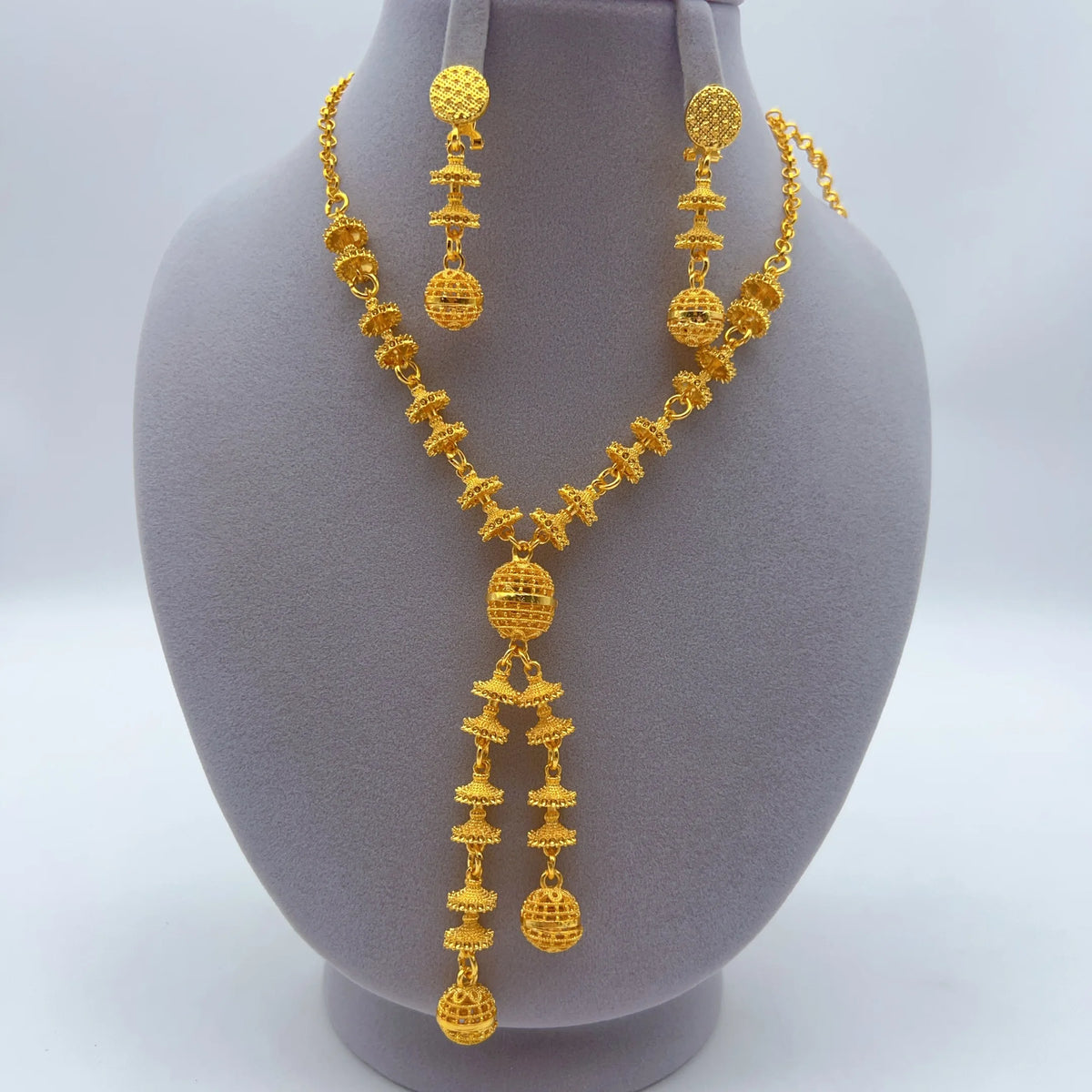 Indian 24K Gold Plated Big Floral Women African Dubai Bridal Wedding Necklace Earrings Jewelry Set