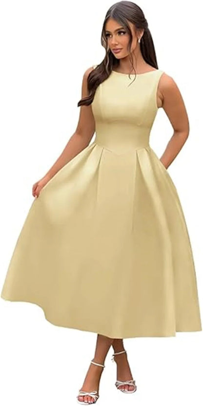 Simple Elegant O-Neck Satin Midi Prom Tea Length Backless A Line Formal Evening Party Bridal Dress w/ Pockets