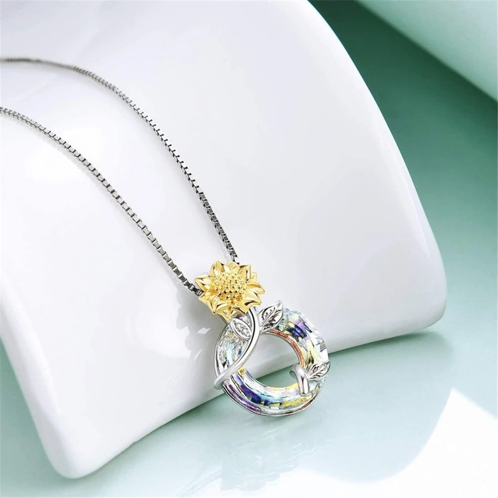 Women Luxury Colorful Round Crystal Winding Sunflower Pendant Necklace