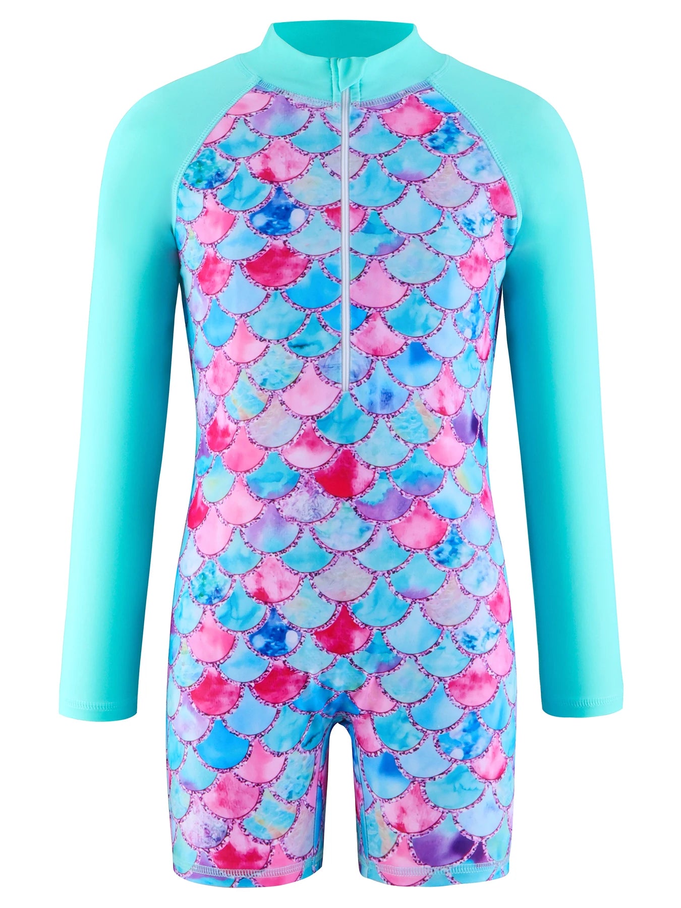 Girls Kids One-Piece Long Sleeve Sport 3D Scale Print Beach Boyleg Shorts Swimming Bathing Swimsuit Suit