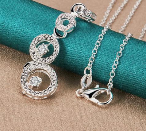 925 Sterling Silver Three Round Circle zircon 18inches Chain Wedding Engagement Pendants Necklace