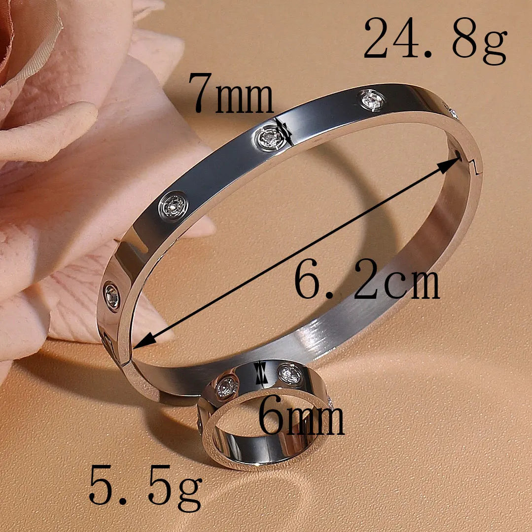 2-in-1 Women 18K Gold-Plated Stainless Steel Bracelet Ring Jewelry Set.