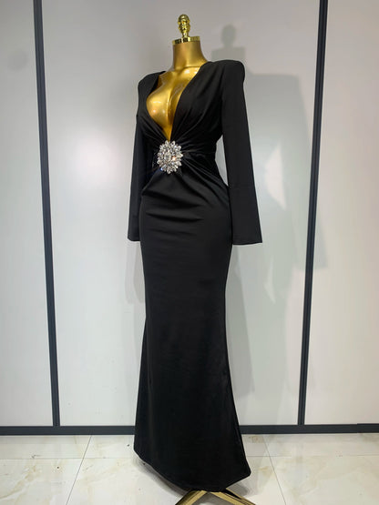 Black Diamond Bodycon Maxi Sexy Deep V Neck Long Sleeves Runway Party Evening Dress