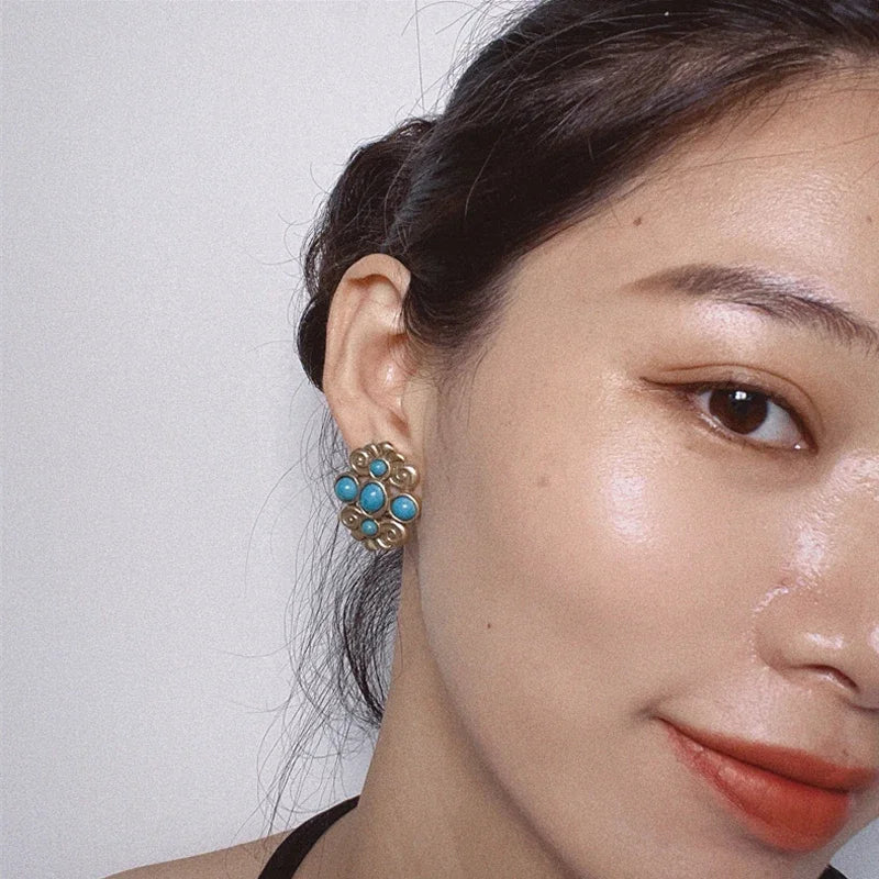 Women Gothic Vintage Designer Natural Blue Stone Stud Earrings