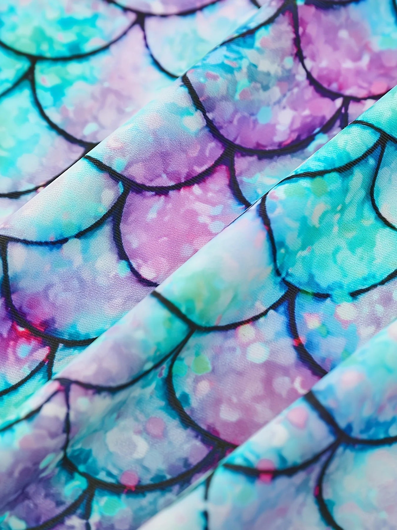 2pcs Kids Girls Mermaid Scale Print Short Sleeve Rash Guard Tops Boyleg Shorts Swimwear Suit