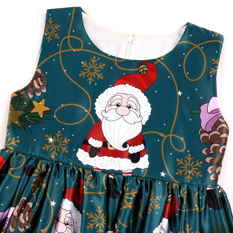 3-10Y Kids Girls Cartoon Santa Claus Snowman Christmas Tree Print Princess Party Costume Dress