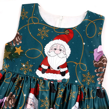 3-10Y Kids Girls Cartoon Santa Claus Snowman Christmas Tree Print Princess Party Costume Dress