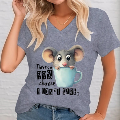 There's A 99% Chance I Don't Care Print Women Funny Humor Rabbit Animals Tops V-Neck Tees Shirt