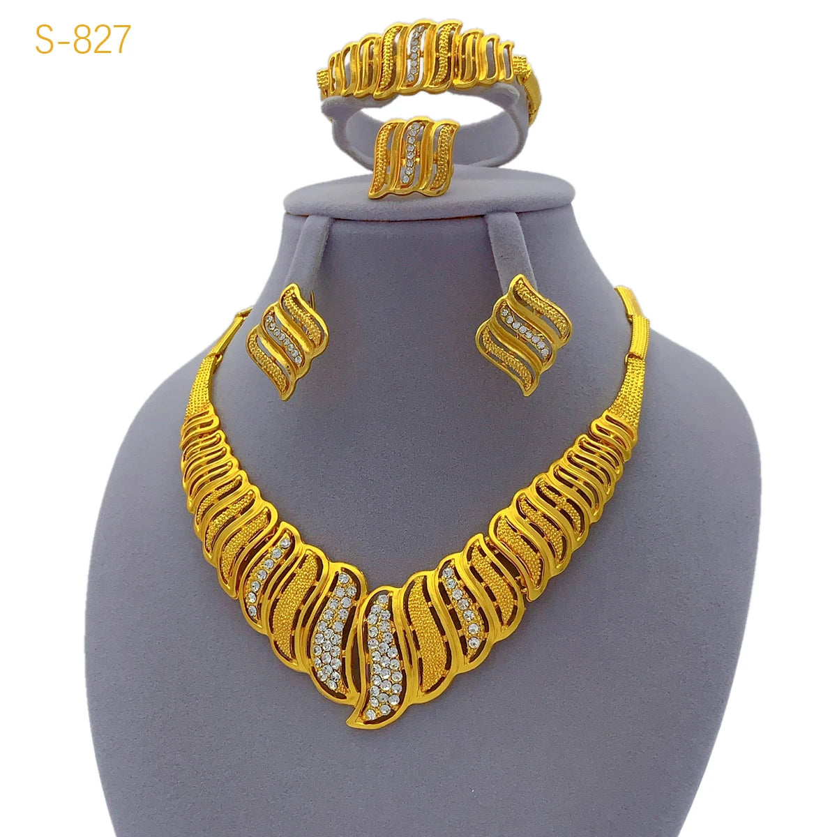 Women Wedding Dubai African Indian Flower Gold Plated Necklace Jewelry Sets