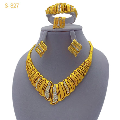 Women Wedding Dubai African Indian Flower Gold Plated Necklace Jewelry Sets