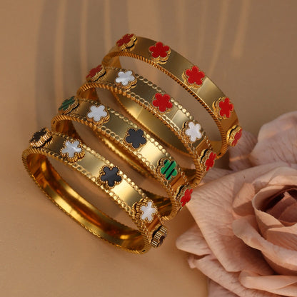 Women Acrylic Flower Shape Stainless Steel 18k Gold Color Bracelet Bangles