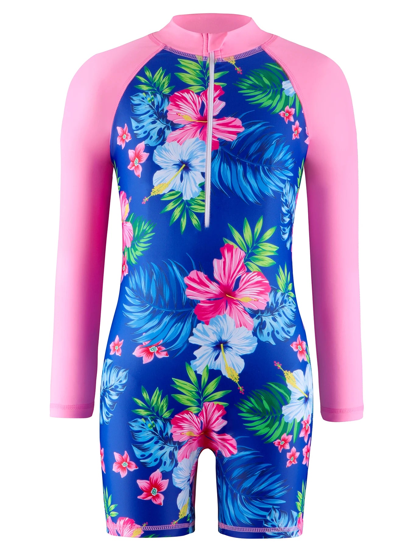Girls Kids One-Piece Long Sleeve Plants Print Beach Boyleg Shorts Design Swimsuit