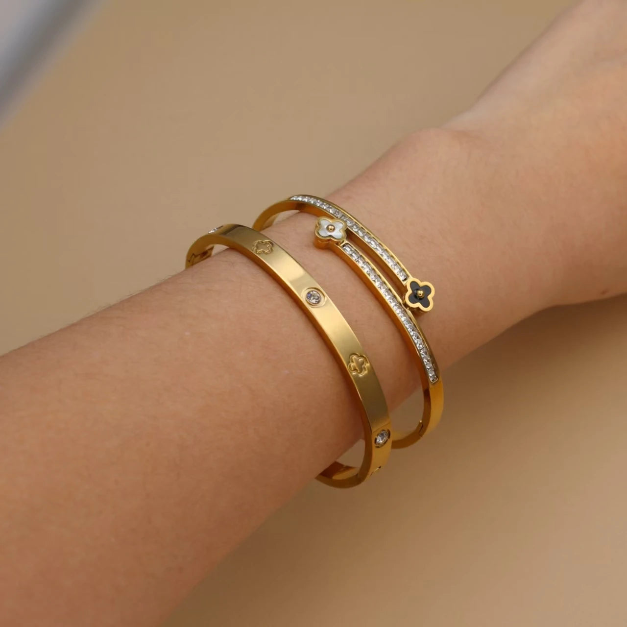 Stainless Steel Bangle Four-leaf Clover Crystal Design Stacking Bracelet Bangle