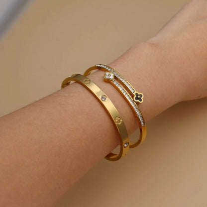 Stainless Steel Bangle Four-leaf Clover Crystal Design Stacking Bracelet Bangle