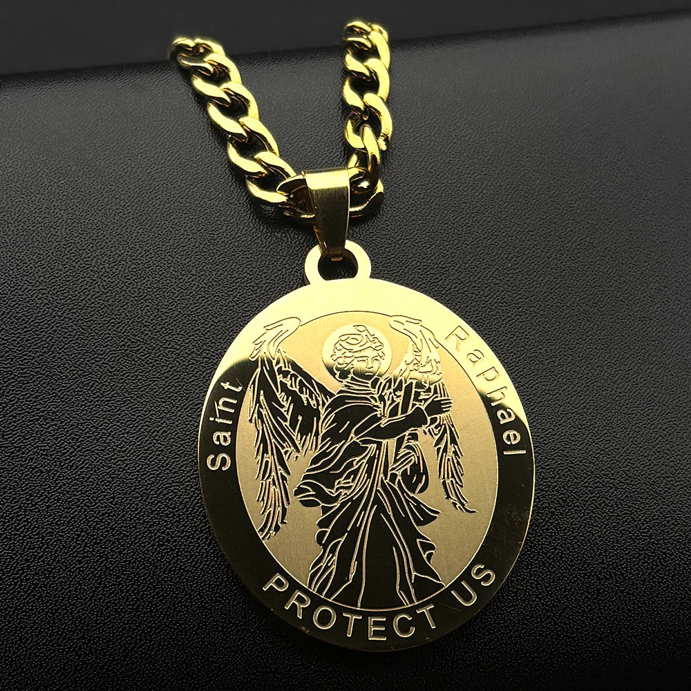 Women Men Gold Color Stainless Steel Christian Archangel Saint Raphael Protect Us Medal Pendant Necklace