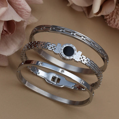 Stainless Steel Zircon Roman Numeral Chain Design Women Bracelet Bangle