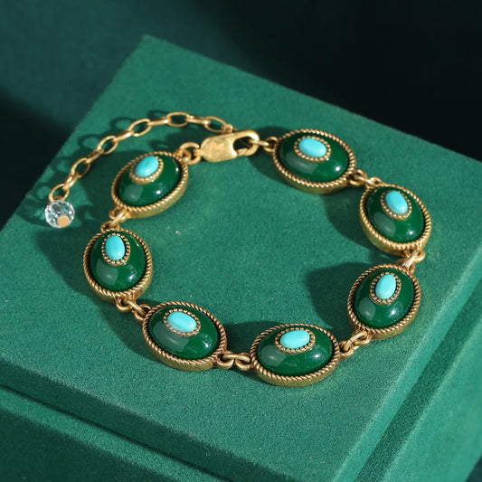 Vintage Green Enamel Natural Glaze Retro Blue Gold Color Crystal Beads Rhinestones Antique Bracelets