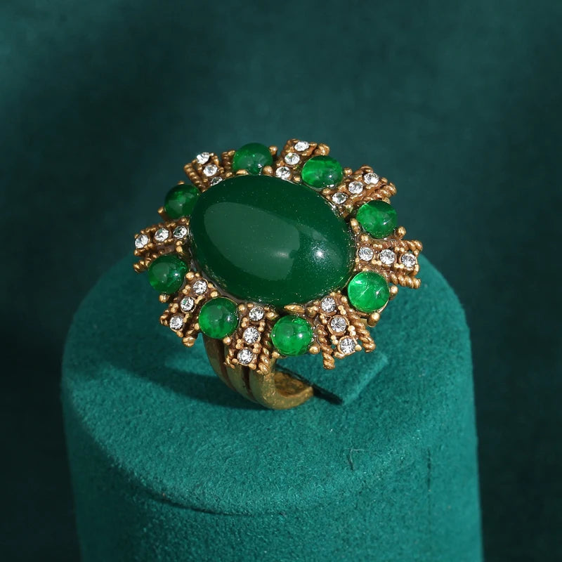 Women Vintage Antique Gold Color Oval Crystal Emerald Round Natural Stone Rings