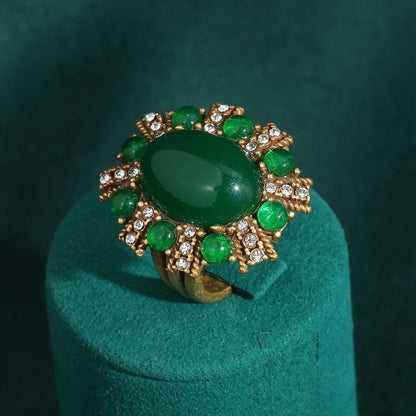 Women Vintage Antique Gold Color Oval Crystal Emerald Round Natural Stone Rings