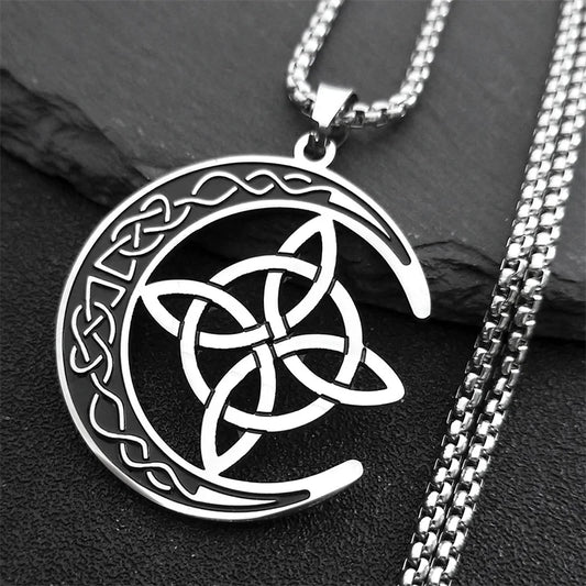 Crescent Celtic Irish Knot Stainless Steel Witch Moon Amulet Protection Chain Necklace