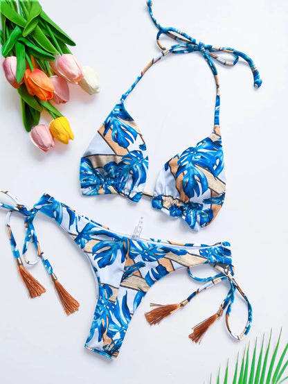 Women Print Cut Out Swimwear Low Waist Swimsuit Micro Bathing Triangle Beachwear Bikinis Set