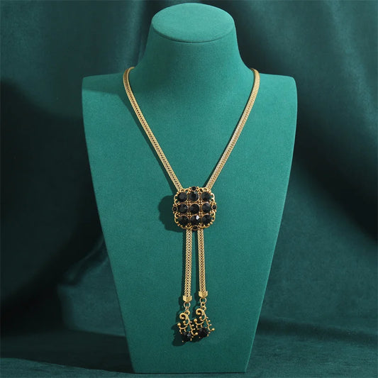 Vintage Gold Color Chain Black Rhinestones Tassel Zircon Choker Collar Antique Necklace