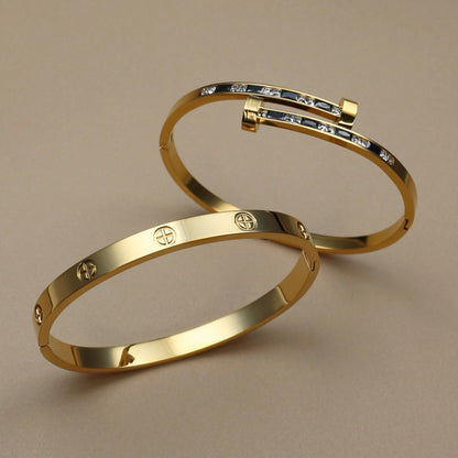 Fashion Cross Crystal Design Stainless Steel Gold Color Stacking Bracelet Bangle