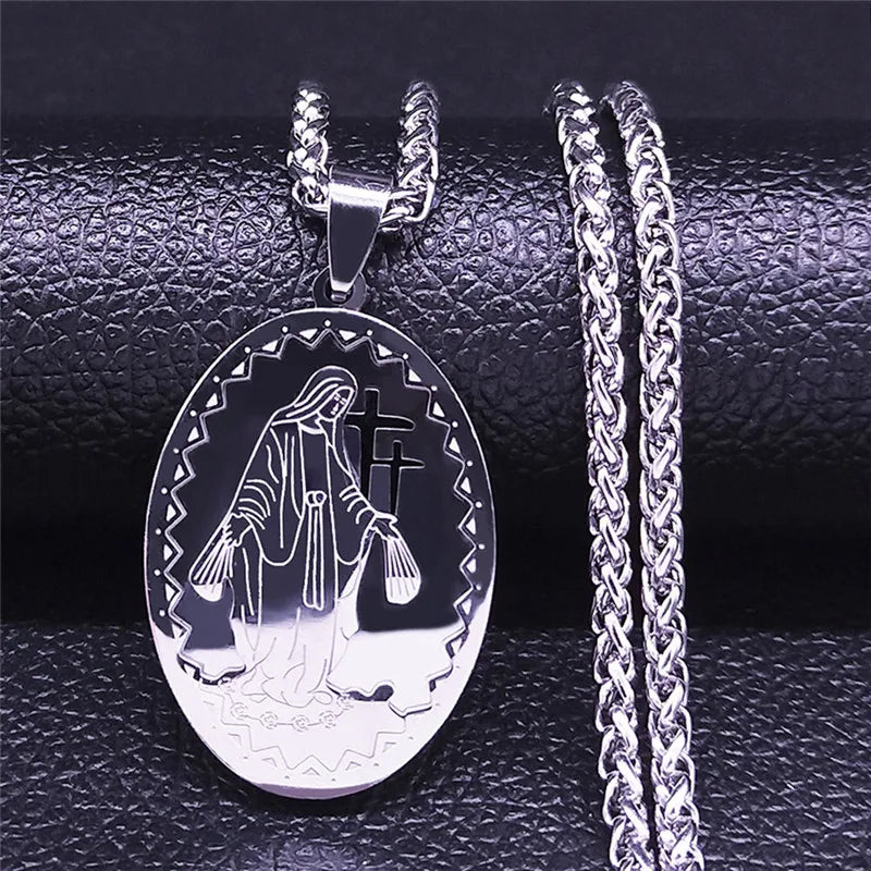 Men Stainless Steel Hip Hop Virgin Mary Medal Our Lady of Guadalupe Pendant Necklace