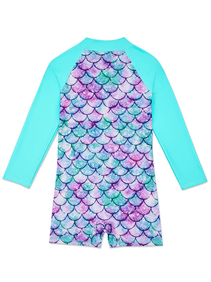 Kids Girls Long Raglan Sleeve Scale Print Zipper Boyleg Shorts Swimwear Beach Swimsuit