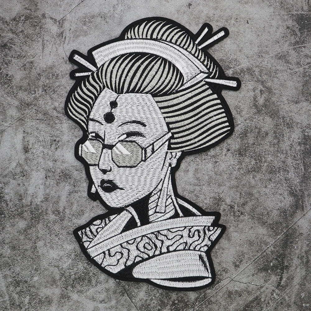 Japanese Geisha Glasses Girl Embroidery Patch Appliques Iron on Patches Badge Clothes Sewing