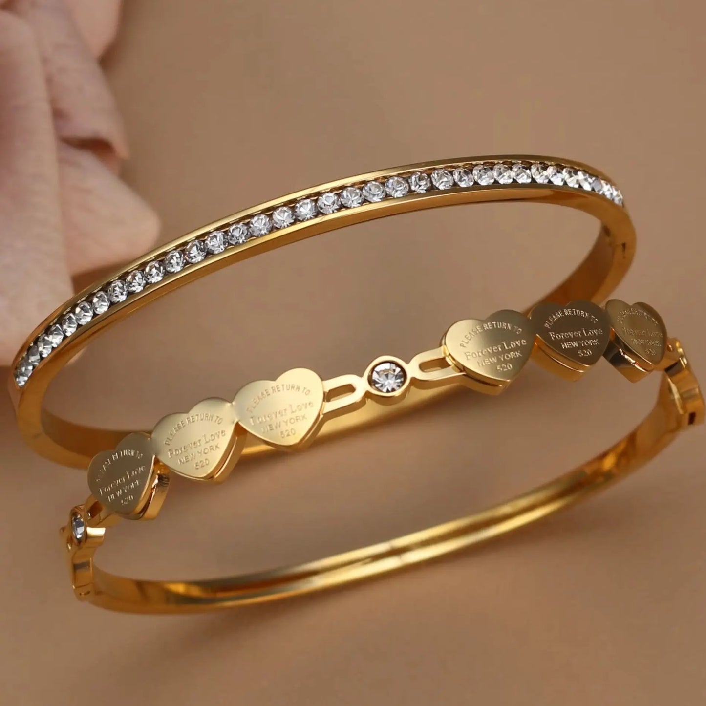 Delicate Stainless Steel Gold Color Peach Heart Crystal Design Charm Bangle Bracelet