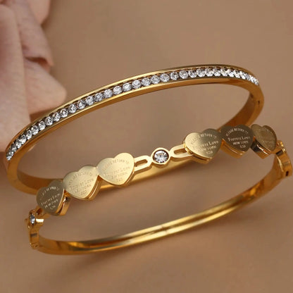 Delicate Stainless Steel Gold Color Peach Heart Crystal Design Charm Bangle Bracelet