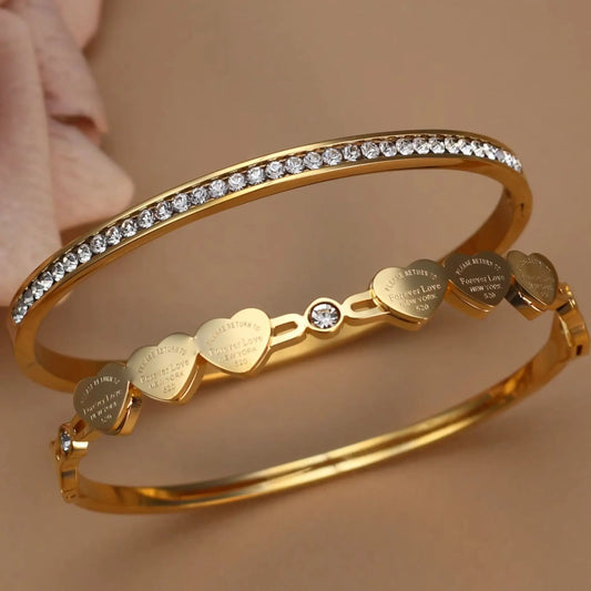Delicate Stainless Steel Gold Color Peach Heart Crystal Design Charm Bangle Bracelet