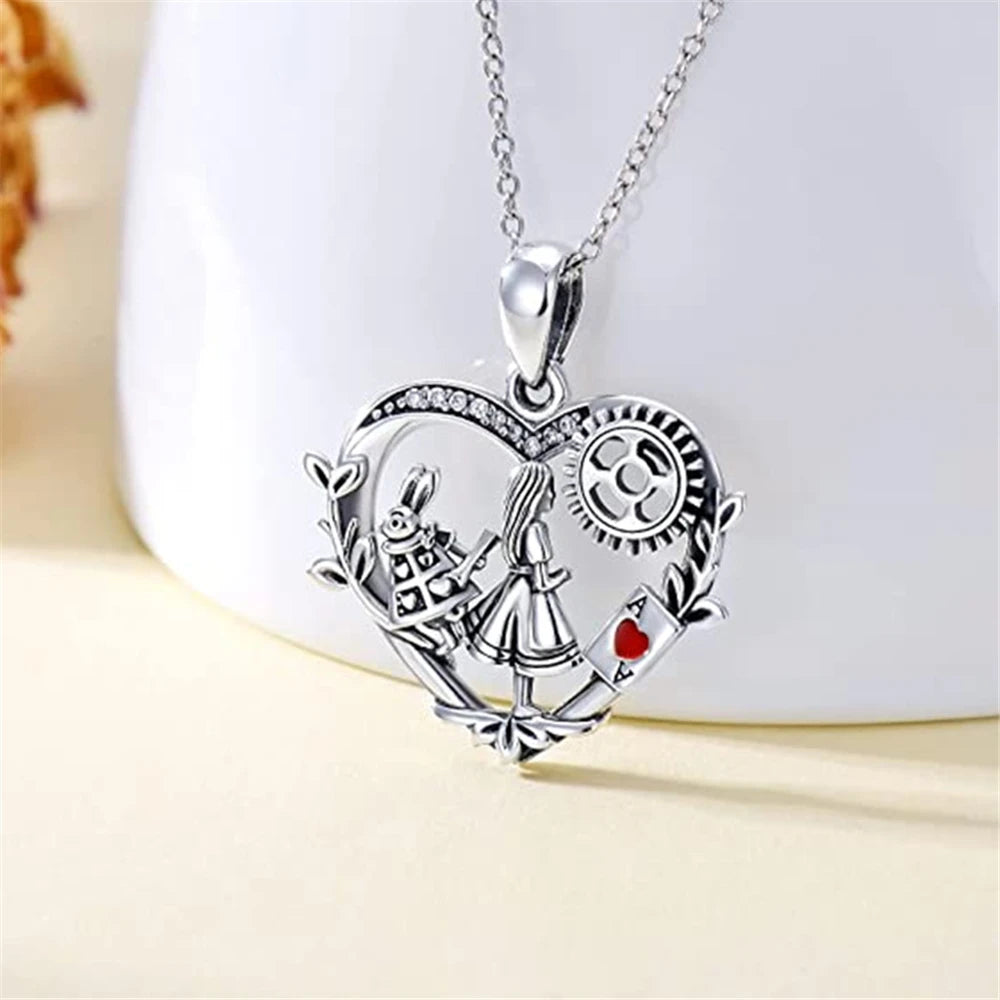 Women Fashion Retro Punk Gear Rabbit Girls Playing Card Heart Pendant Necklace Gifts