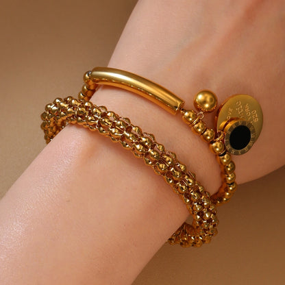 Luxury Women Roman Numeral Bead 18K Gold-Plated Stainless Steel Bangle Bracelet
