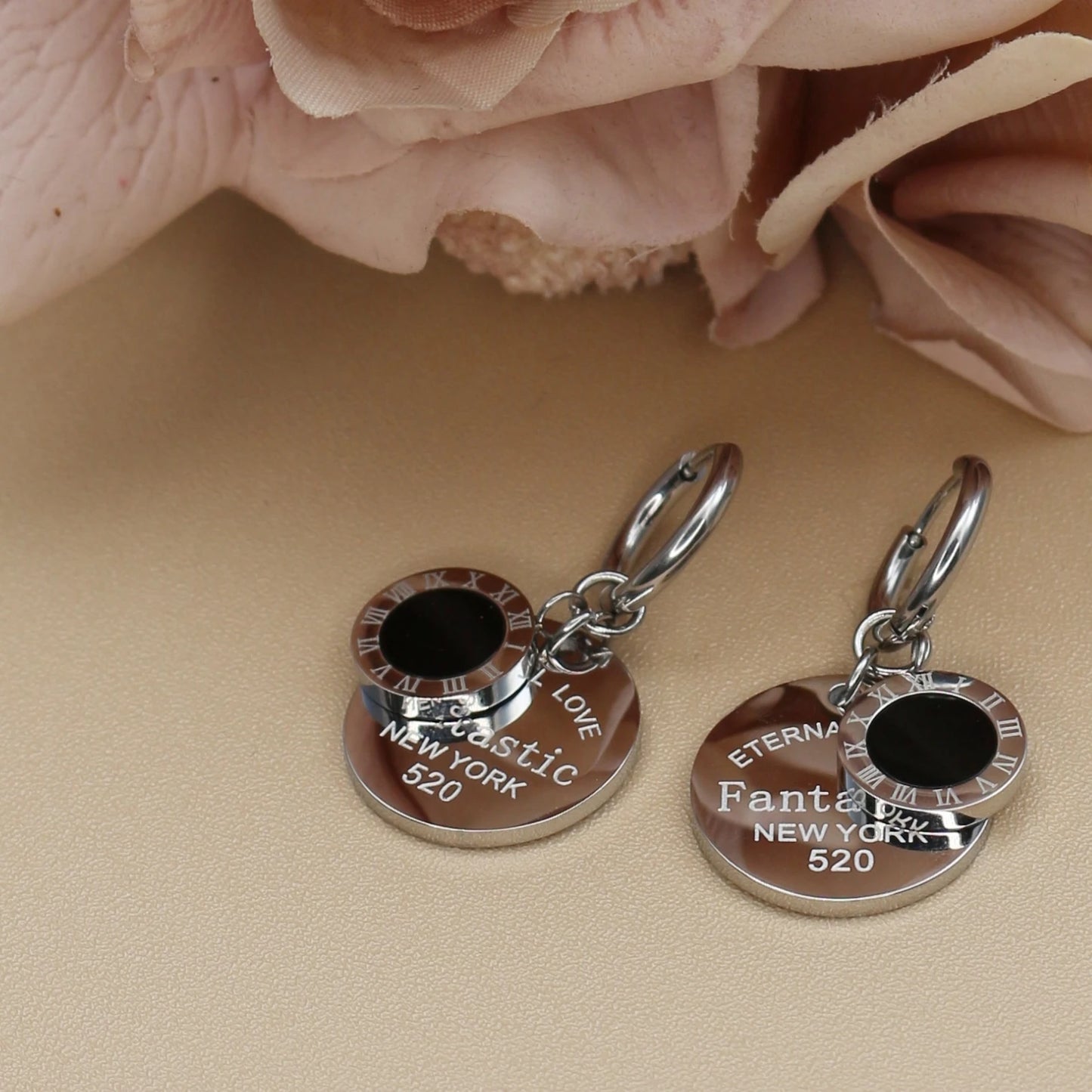 Roman Numeral Medallion Design FOREVER LOVE Stainless Steel Earrings Gift